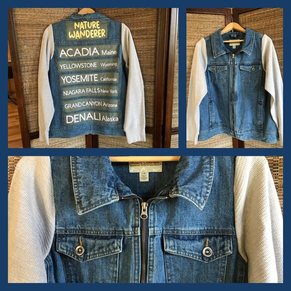 Upcycled Denim Jacket, Size M: Nature Wanderer Patches, Waffle Knit Sleeves - Picture 12 of 12